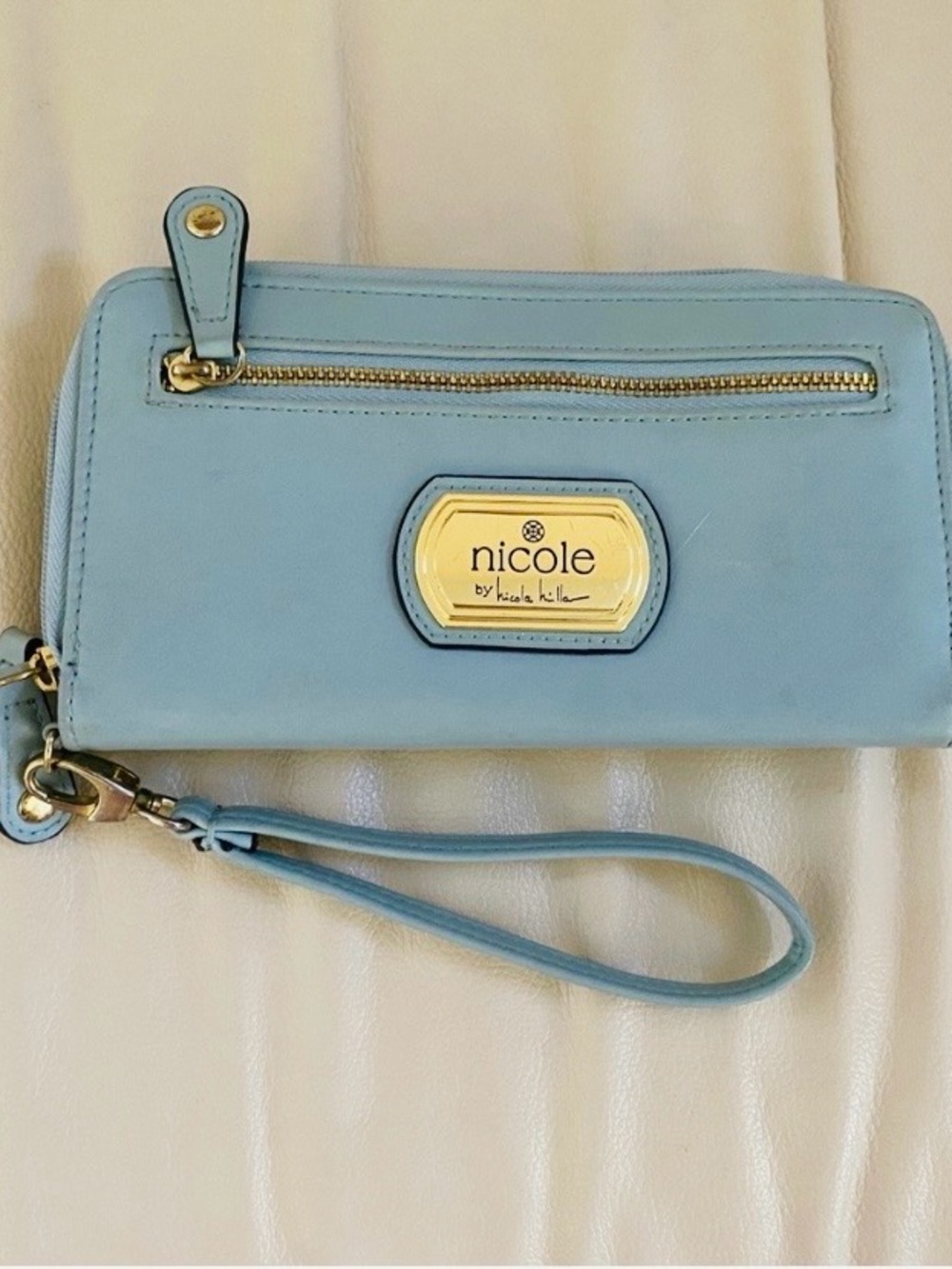 Nicole Miller Wristlet Wallet Light Blue with Gold Details